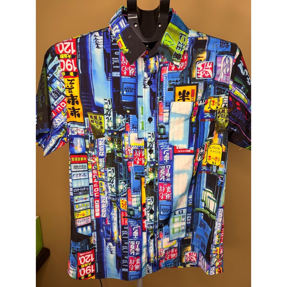 Just Attitude Tokyo Neon City Signs Graphic Print Shirt Mens Small Short Sleeve‎